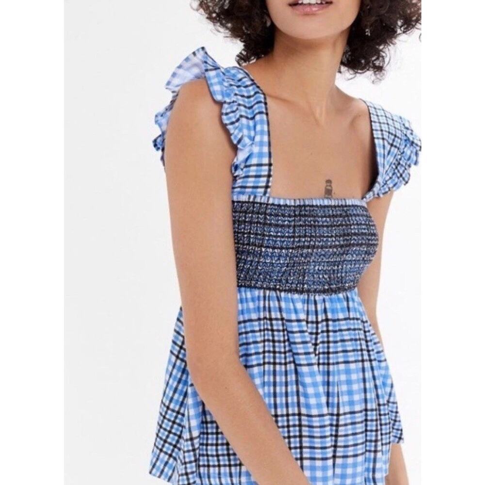 Urban Outfitters Blue Plaid Gingham Smocked Babydoll Ruffle Top L NWT